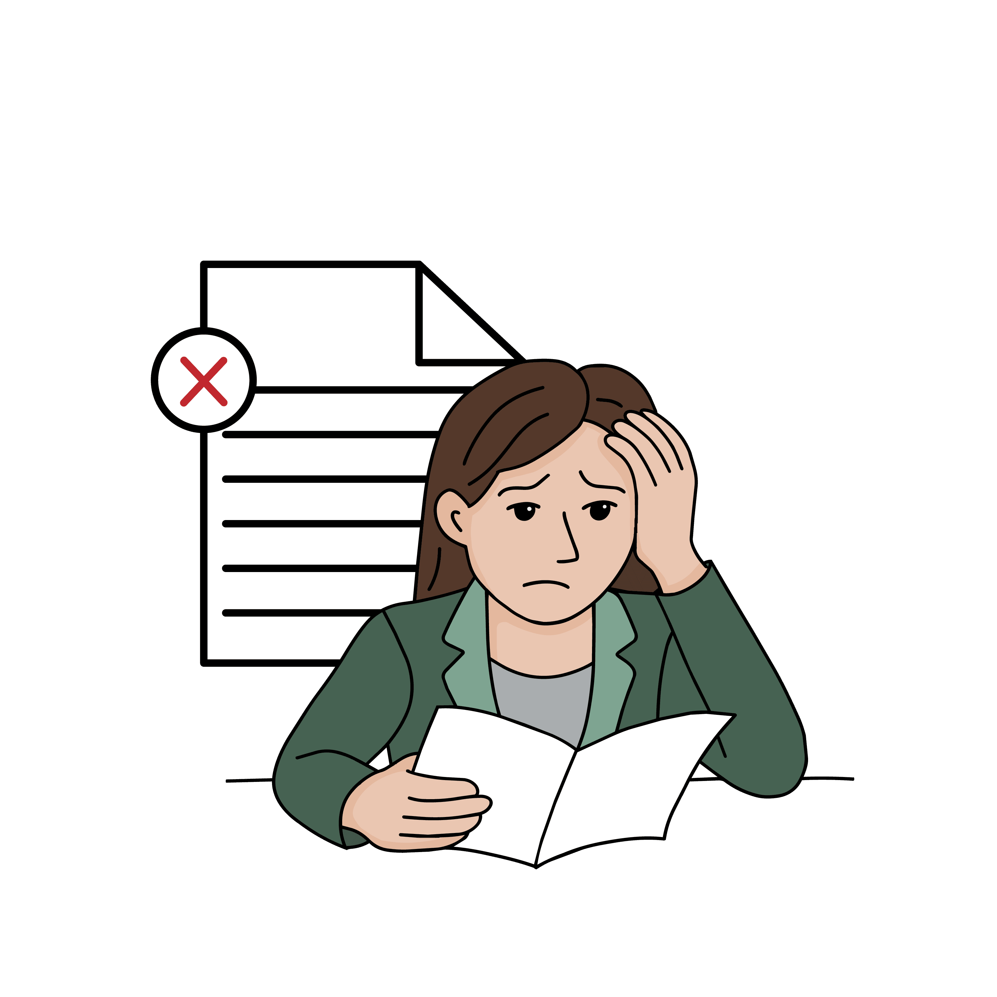 A clinician reviewing a denied behavioral-health claim beside a document marked with a red X