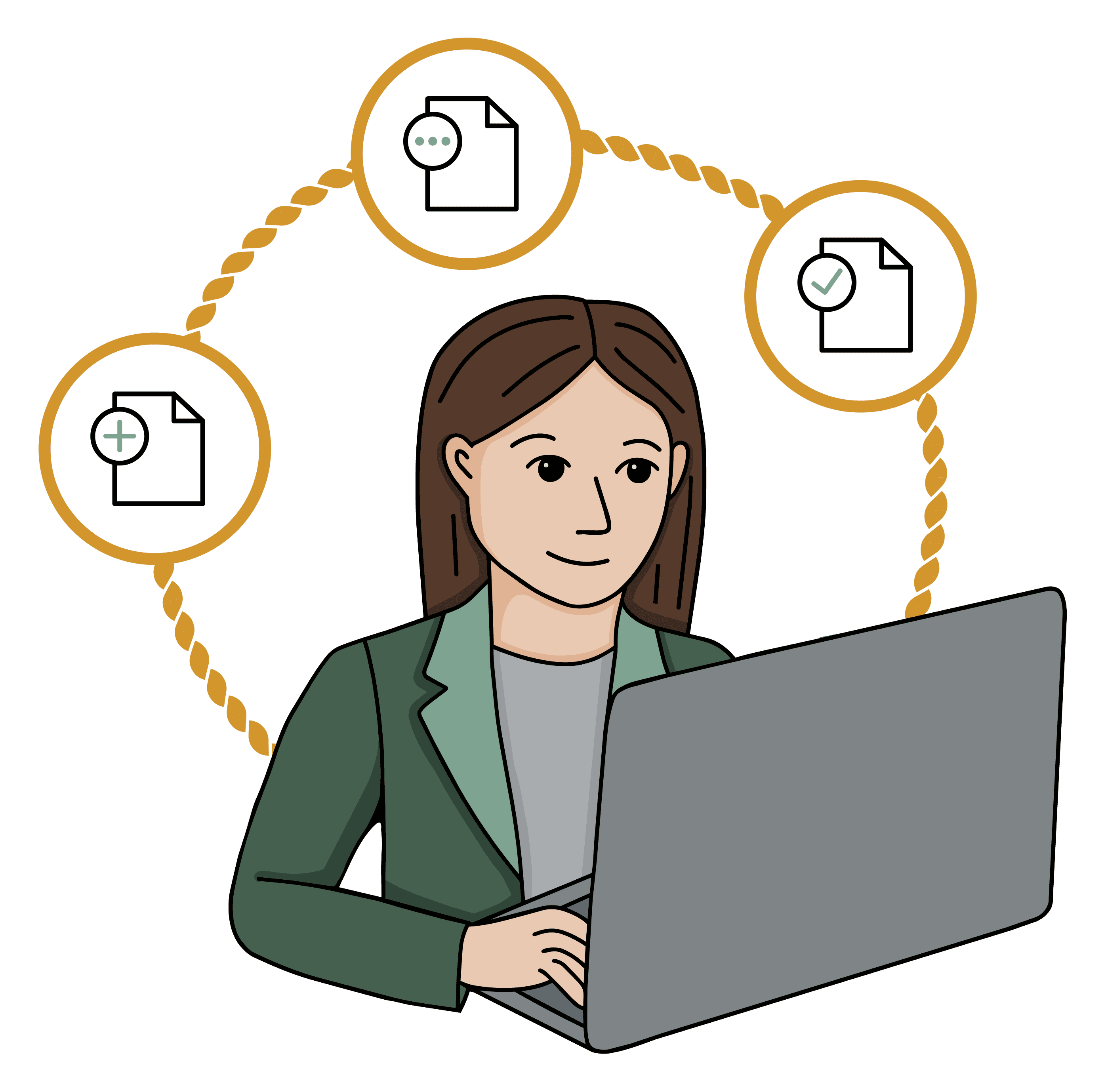 A clinician at a laptop, with connected document icons representing the note, code, and confirmation steps